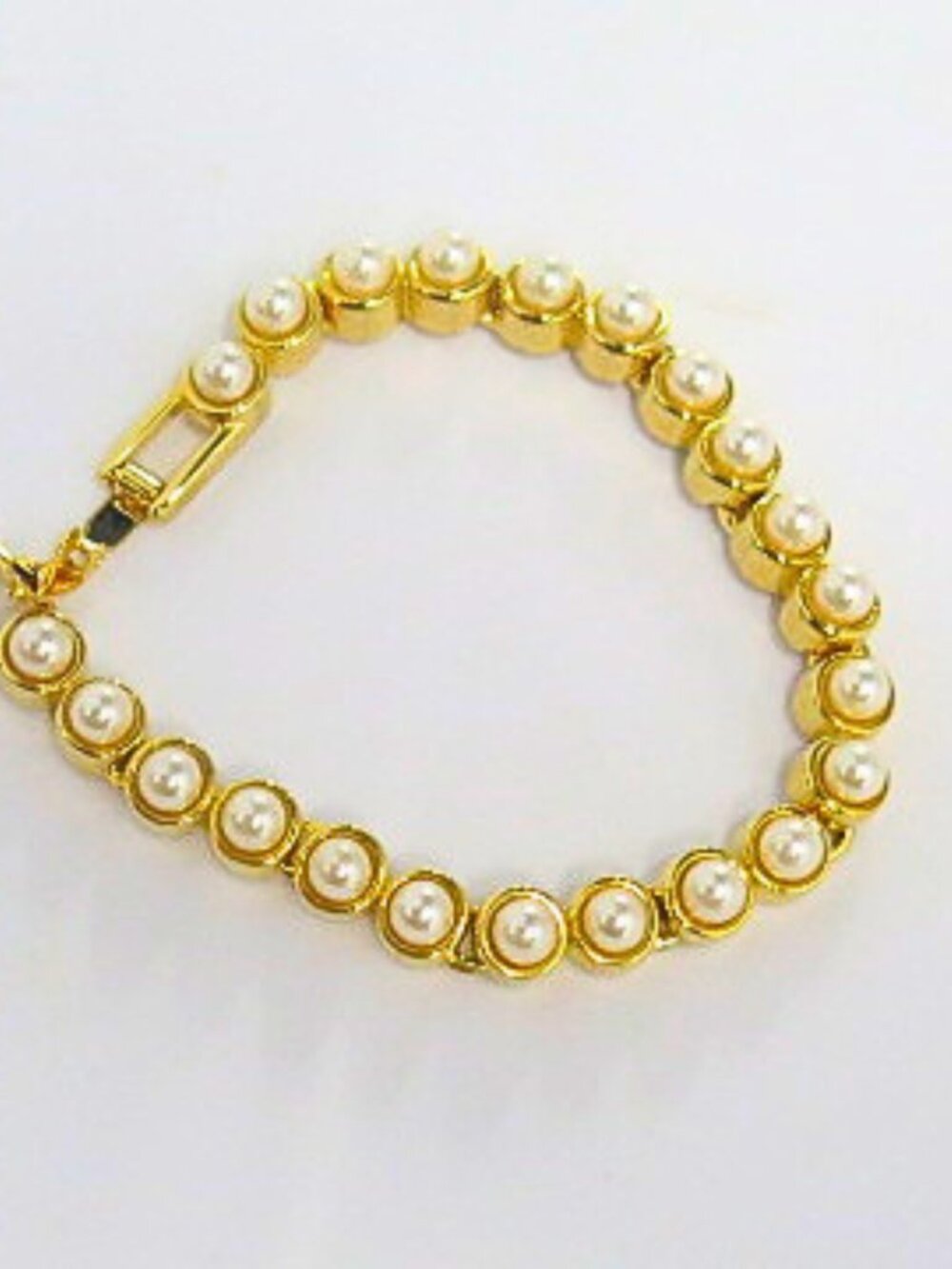 Vintage Estate Faux Pearl Gold Tone Tennis Bracelet Classic Statement Jewelry